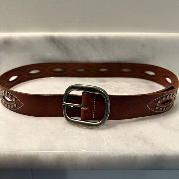 Vintage Fossil Genuine Leather Cutout Brushed Nickel Studs Waist Belt Brown Larg - Picture 2 of 5